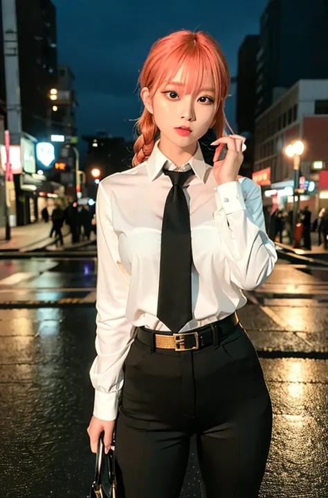(8k, RAW photo, best quality, masterpiece:1.2), (realistic, photo-realistic:1.37), <lora:koreanDollLikeness_v10:0.5> ,<lora:makimaChainsawMan_offset:1>, 1girl, (Kpop idol), (aegyo sal:1), serious face, cityscape, night, rain, wet, professional lighting, photon mapping, radiosity, physically-based rendering, makima \(chainsaw man\), golden eyes, braids, white shirt, shirt tucked in, black pants, belts, orange hair, necktie,