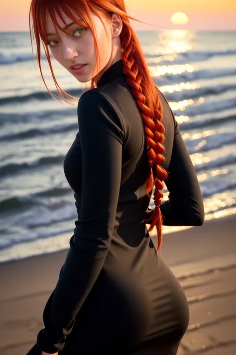 (Bright red hair), ((long braided hair)), (bangs), ((Yellow eyes)), (((((Bright Hazel eyes))))), makima \(chainsaw man\), (((Formal long black cotton dress))), (hyperdetailed clothing), long sleeves, (((Evening beach))), (beautiful sunset), windy cold beach, complex detailed background, 16K, ((beautiful hyperdetailed face)), (beautiful hyperdetailed eyes), Amazing lighting, (hyperdetailed realistic anatomy), hyperdetailed hands, (ulzzang-6500:1.0), (best quality), (ultra high res), (photorealistic:1.4), 1girl, (sharp focus:1.4), clear detailed shiny skin, light rays, beautiful legs, f2.0, dust particles, sharp focus, realistic hyperdetailed arms, (Dutch angle shot), looking at viewer, (evil:1.3), showing ass, (curvy body), athletic hyperdetailed ass, best shadow, volumetric lighting, (realistic proportions), (constricted_pupils), light smile, crazy smile, crazy eyes, shaded face, (shadows cast over face:1.3), (Solo), Clear face, (closed mouth),(Natural relaxed pose), <lora:Crazy:0.9>, <lora:Makima:0.6>
