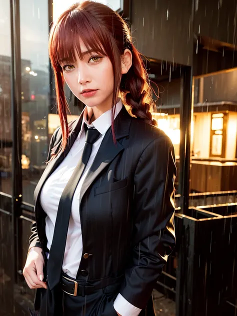 best quality, ultra high res, (photorealistic:1.4),1girl,night,wet,rain,red hair,(pigtail),((bright golden eyes)),black suit, black suit pants,tie white shirt, long bangs