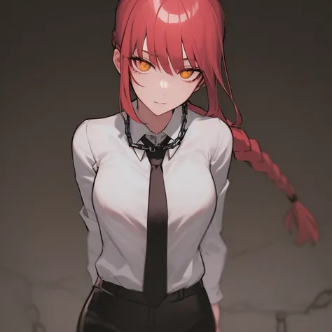 makima \(chainsaw man\), best quality, ultra detailed, 1girl, solo, standing, red hair with long braid, braided ponytail, golden eyes, bangs, medium breasts, black pants, necktie, stare,, (evil:0.7), looking at viewer, (interview:1.3), (dark background, chains:1.3) ,<lora:makimaChainsawMan_offset:0.7>