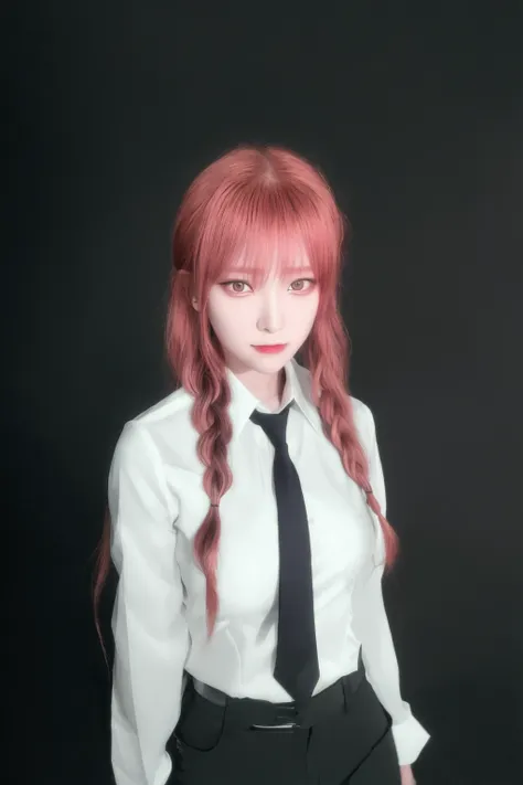 makima \(chainsaw man\), best quality, ultra detailed, 1girl, solo, standing, red hair,1 long braided hair, golden eyes, bangs, medium breasts, white shirt, black necktie, stare, smile, (evil:1.2), looking at viewer, (interview:1.3), (dark background),black pants,<lora:koreanDollLikeness_v10:0.6>, (photorealistic:1.4),(Kpop idol),(aegyo sal:1),
 <lora:makimaChainsawMan_offset:1>