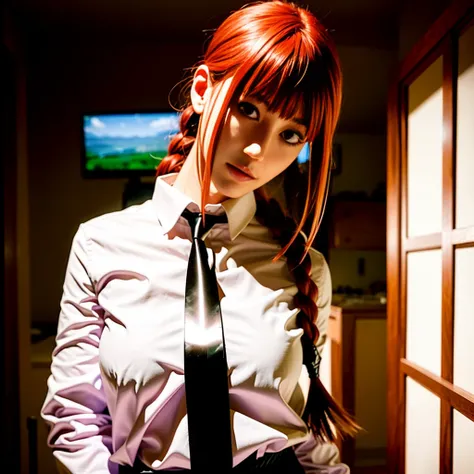 <lora:makimaChainsawMan_offset:1.3>, detailed shiny skin, (realistic, photo-realistic:1.4), a pretty girl, standing, looking out of window, white shirt, collared shirt, black necktie, black trousers, long sleeves, slight smile (nose blush), yellow eyes + ringed eyes, short hair + red hair + long braided hair, makima \(chainsaw man\) <lora:koreanDollLikeness_v10:0.2>