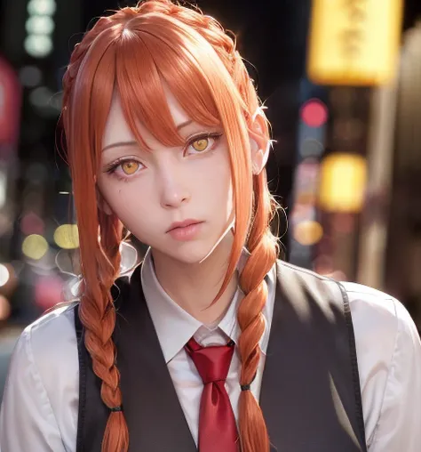 masterpiece, (photorealistic:1.4), best quality, beautiful lighting, , makima \(chainsaw man\), (red hair)+(long braided hair)+(bangs), yellow eyes, golden eyes, (ringed eyes), (white shirt), (necktie), RAW photo, 8k uhd, film grain <lora:makima_offset:1.4>, night tokyo street, corneo_makima