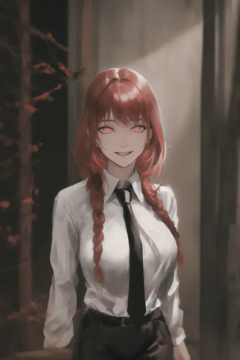 makima \(chainsaw man\), best quality, ultra detailed, 1girl, solo, standing, red hair,1 long braided hair, golden eyes, bangs, medium breasts, white shirt, black necktie, stare, smile, (evil:1.2), looking at viewer, (interview:1.3), (dark background),black pants, (photorealistic:1.4),(ringed eyes), <lora:makimaChainsawMan_offset:0.8>, best quality,ultra high res,1woman,(masterpiece, sidelighting, finely detailed beautiful eyes: 1.2),lustrous skin,glowing eyes, shiny hair,