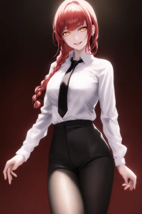 makima \(chainsaw man\), best quality, ultra detailed, 1girl, solo, standing, red hair,1 long braided hair, golden eyes, bangs, medium breasts, white shirt, black necktie, stare, smile, (evil:1.2), looking at viewer, (interview:1.3), (dark background),black pants, (photorealistic:1.4),(ringed eyes), <lora:makimaChainsawMan_offset:0.8>, best quality,ultra high res,1woman,(masterpiece, sidelighting, finely detailed beautiful eyes: 1.2),lustrous skin,glowing eyes, shiny hair,