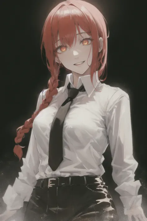 (Award Winning Painting:1.3) of makima \(chainsaw man\), best quality, ultra detailed, 1girl, solo, standing, red hair,1 long braided hair, golden eyes, bangs, medium breasts, white shirt, black necktie, stare, smile, (evil:1.2), looking at viewer, (interview:1.3), (dark black background),black pants,(ringed eyes), <lora:makimaChainsawMan_offset:0.8>, best quality,ultra high res,1woman,(masterpiece, sidelighting, finely detailed beautiful eyes: 1.2),lustrous skin,glowing eyes, shiny hair, 2 arms, painting, portrait
