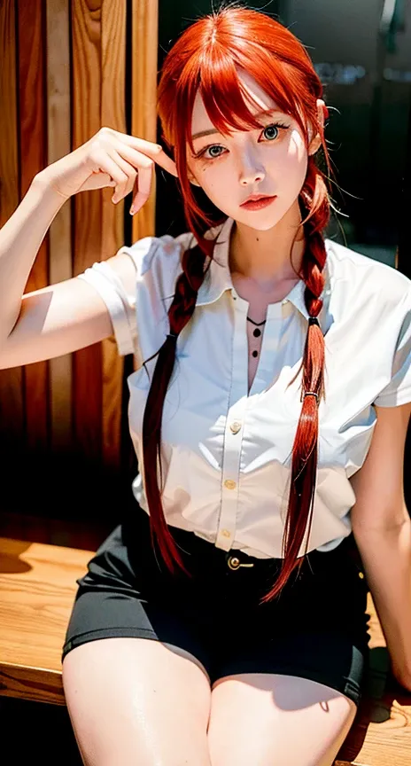<lora:makimaChainsawMan_offset:1.3>, ulzzang-6500-v1.1, detailed shiny skin, (realistic, photo-realistic:1.4), a pretty girl, sitting+ drinking beer, izakaya restaurants, short sleeve white shirt, collared shirt, black necktie, black trousers, tennis skirt, slight smile (nose blush), yellow eyes + ringed eyes, short hair + red hair + long braided hair, makima \(chainsaw man\) <lora:koreanDollLikeness_v10:0.25>