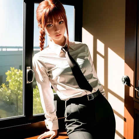<lora:makimaChainsawMan_offset:1.3>, detailed shiny skin, (realistic, photo-realistic:1.4), a pretty girl, standing, looking out of window, white shirt, collared shirt, black necktie, black trousers, long sleeves, slight smile (nose blush), yellow eyes + ringed eyes, short hair + red hair + long braided hair, makima \(chainsaw man\) <lora:koreanDollLikeness_v10:0.2>