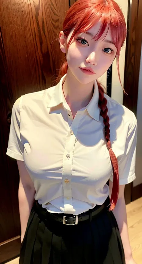 <lora:makimaChainsawMan_offset:1.3>, ulzzang-6500-v1.1, detailed shiny skin, (realistic, photo-realistic:1.4), a pretty girl, izakaya restaurants, cute pose, short sleeve white shirt, collared shirt, belt, black trousers, (tennis skirt), slight smile (nose blush), yellow eyes + ringed eyes, short hair + red hair + long braided hair, makima \(chainsaw man\) <lora:koreanDollLikeness_v10:0.25>
