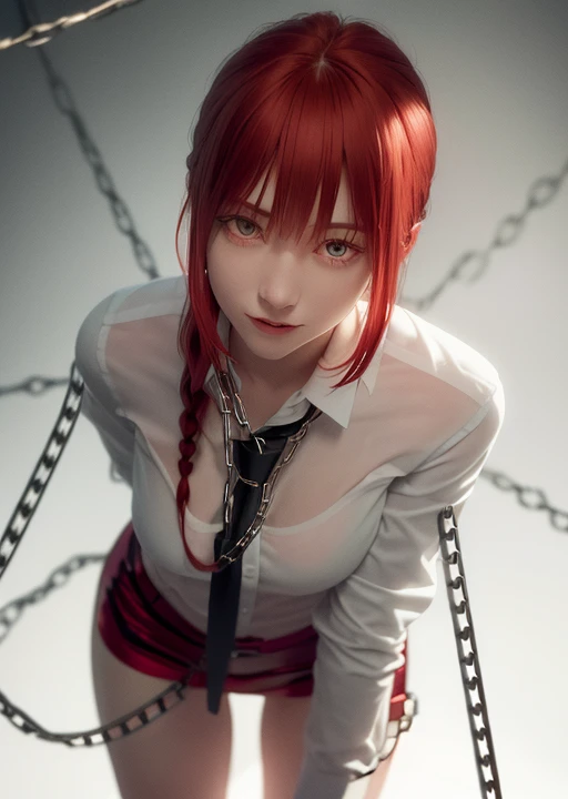 (masterpiece), (best quality),makima \(chainsaw man\), best quality, ultra detailed, 1girl, solo, standing, red hair, long braided hair, golden eyes, sexy, tied up \(nonsexual\), bangs, medium breasts, white shirt, necktie, stare, smile, (evil:1.2), looking at viewer, (interview:1.3), (dark background, chains:1.3)