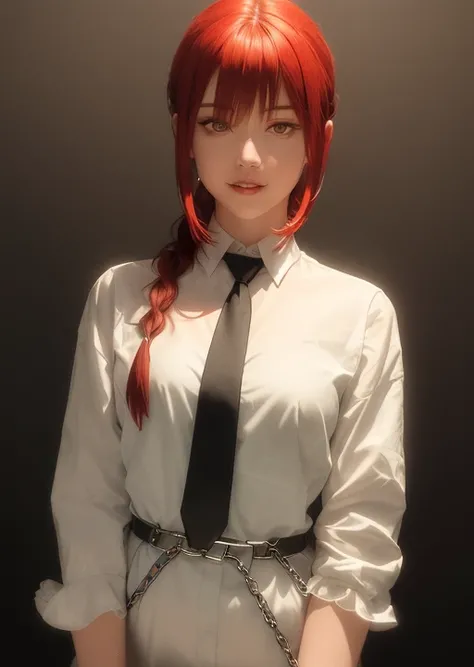 (masterpiece), (best quality),makima \(chainsaw man\), best quality, ultra detailed, 1girl, solo, standing, red hair, long braided hair, golden eyes, bangs, medium breasts, white shirt, necktie, stare, smile, (evil:1.2), looking at viewer, (interview:1.3), (dark background, chains:1.3)