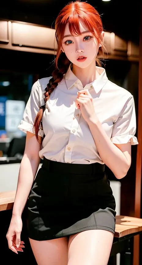 <lora:makimaChainsawMan_offset:1.3>, ulzzang-6500-v1.1, detailed shiny skin, (realistic, photo-realistic:1.4), a pretty girl, izakaya restaurants, short sleeve white shirt, collared shirt, black necktie, black trousers, (tennis skirt), slight smile (nose blush), yellow eyes + ringed eyes, short hair + red hair + long braided hair, makima \(chainsaw man\) <lora:koreanDollLikeness_v10:0.25>
