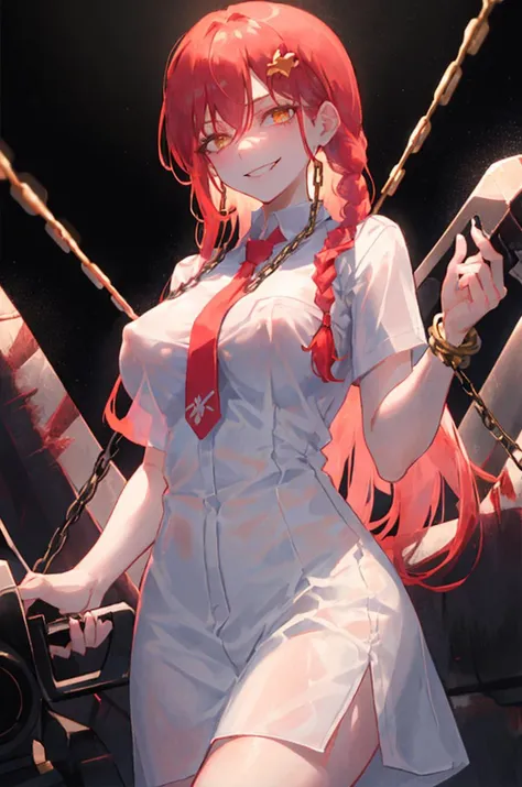 masterpiece, best quality, <lora:makimaChainsawMan_1:0.6>, makima \(chainsaw man\), ultra detailed, 1girl, solo, standing, red hair, long braided hair, golden eyes, bangs, medium breasts, white shirt, necktie, stare, smile, (evil:1.2), looking at viewer, (interview:1.3), (dark background, chains:1.3), large breasts, covered nipples, cum