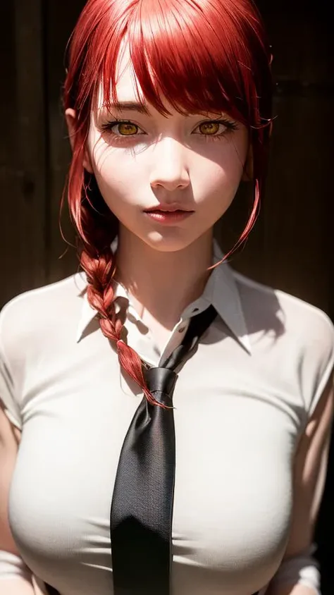 masterpiece, (photorealistic:1.4), best quality, beautiful lighting, , makima \(chainsaw man\), (red hair)+(long braided hair)+(bangs), yellow eyes, golden eyes, (ringed eyes), (white shirt), (necktie), RAW photo, 8k uhd, film grain <lora:makima_offset:1> <lora:makimaChainsawMan_offset:1>