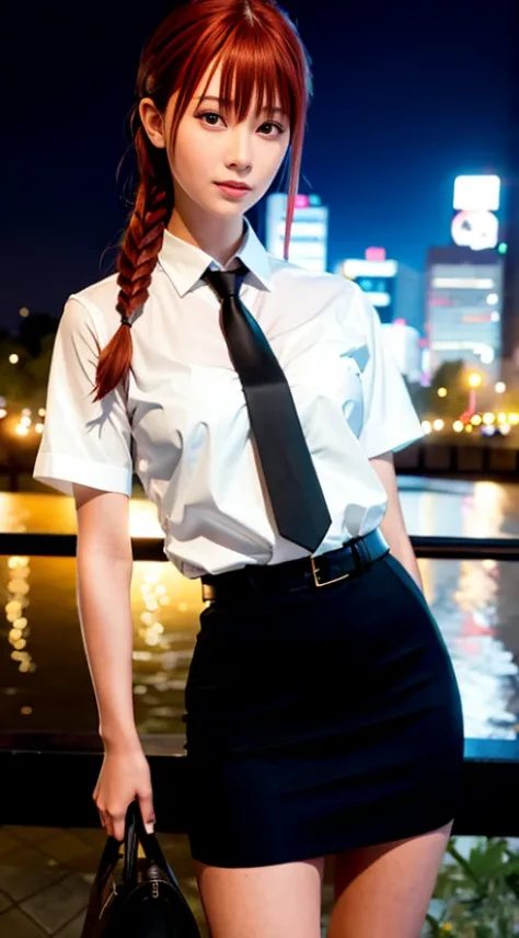 <lora:makimaChainsawMan_offset:1.3>, detailed shiny skin, (realistic, photo-realistic:1.4), a pretty girl, standing, cityscape, drinking beer, night, rain, short sleeve white shirt, collared shirt, black necktie, black trousers, black black tennis skirt, slight smile (nose blush), yellow eyes + ringed eyes, short hair + red hair + long braided hair, full body, makima \(chainsaw man\) <lora:koreanDollLikeness_v10:0.2>