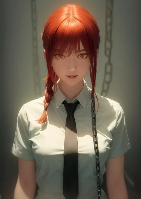 (masterpiece), (best quality),makima \(chainsaw man\), best quality, ultra detailed, 1girl, solo, standing, red hair, long braided hair, golden eyes, bangs, medium breasts, white shirt, necktie, stare, smile, (evil:1.2), looking at viewer, (interview:1.3), (dark background, chains:1.3)