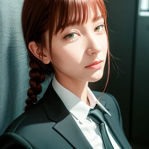 <lora:makimaChainsawMan_offset:1.3>, best quality, ultra high res,detailed shiny skin, (photo-realistic:1.4), 1girl, standing,Complex background ,Look at camera, white shirt, collared shirt, black necktie, black trousers, long sleeves, slight smile, (nose blush), yellow eyes + ringed eyes, short hair + red hair + long braided hair, makima \(chainsaw man\), <lora:koreanDollLikeness_v10:0.2>