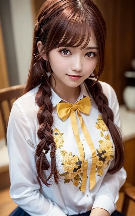 1girl, beautiful lighting, , makima \(chainsaw man\), (red hair)+(long braided hair)+(bangs), yellow eyes, golden eyes, (ringed eyes), large breasts, shirt, bow tie, long skirt, seductive smile, depth of field, detailed face, face focus, looking at viewer, blurry background, half body, (one person in the photo:1.3), (alone:1.3), temptation light smile, <lora:japaneseDollLikeness_v10:0.3>, sunny day, Ponding, indoors, masterpiece, best quality, official art, ultra-high res.