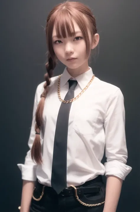 makima \(chainsaw man\), best quality, ultra detailed, 1girl, solo, standing, red hair, long braided hair, golden eyes, bangs, medium breasts, white shirt, necktie, stare, smile, (evil:1.2), looking at viewer, (interview:1.3), (dark background, chains:1.3)