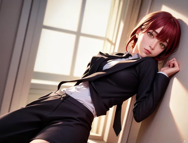 <lora:makimaChainsawMan_offset:1.3>, detailed shiny skin, (realistic, photo-realistic:1.4), a pretty girl, standing, looking out of window, white shirt, collared shirt, black necktie, black trousers, long sleeves, slight smile (nose blush), yellow eyes + ringed eyes, short hair + red hair + long braided hair, makima \(chainsaw man\) <lora:koreanDollLikeness_v10:0.2>, white shirt, collared shirt, black necktie, black pants,bored ,corneo_makima