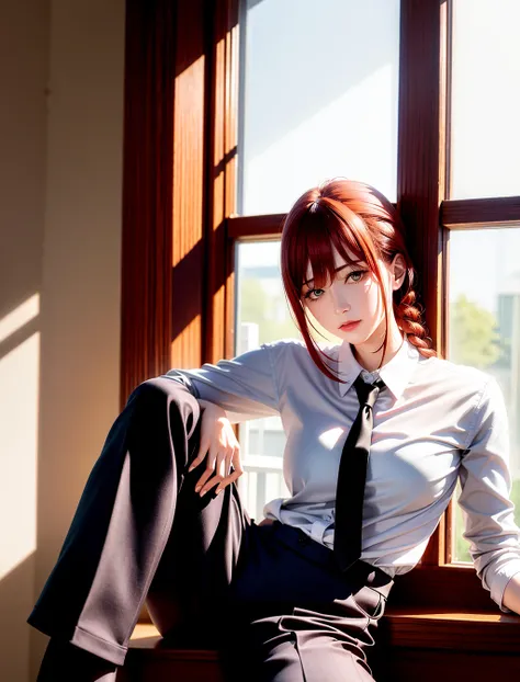 <lora:makimaChainsawMan_offset:1.3>, detailed shiny skin, (realistic, photo-realistic:1.4), a pretty girl, standing, looking out of window, white shirt, collared shirt, black necktie, black trousers, long sleeves, slight smile (nose blush), yellow eyes + ringed eyes, short hair + red hair + long braided hair, makima \(chainsaw man\) <lora:koreanDollLikeness_v10:0.2>