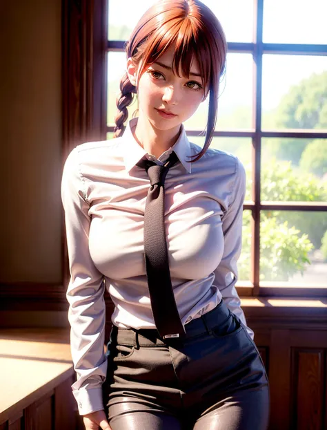 <lora:makimaChainsawMan_offset:1.3>, detailed shiny skin, (realistic, photo-realistic:1.4), a pretty girl, standing, looking out of window, white shirt, collared shirt, black necktie, black trousers, long sleeves, slight smile (nose blush), yellow eyes + ringed eyes, short hair + red hair + long braided hair, makima \(chainsaw man\) <lora:koreanDollLikeness_v10:0.2>