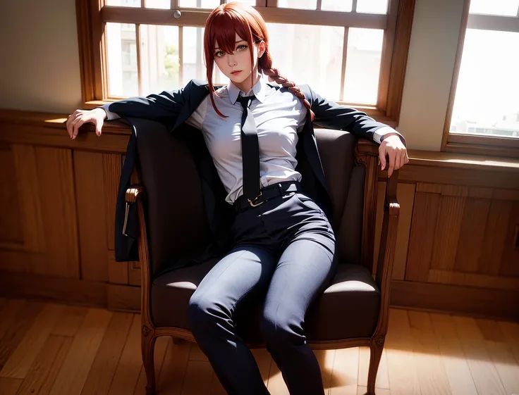 <lora:makimaChainsawMan_offset:1.3>, detailed shiny skin, (realistic, photo-realistic:1.4), a pretty girl, standing, looking out of window, white shirt, collared shirt, black necktie, black trousers, long sleeves, slight smile (nose blush), yellow eyes + ringed eyes, short hair + red hair + long braided hair, makima \(chainsaw man\) <lora:koreanDollLikeness_v10:0.2>, white shirt, collared shirt, black necktie, black pants,bored ,corneo_makima