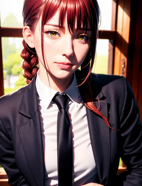 <lora:makimaChainsawMan_offset:1.3>, detailed shiny skin, (realistic, photo-realistic:1.4), a pretty girl, standing, looking out of window, white shirt, collared shirt, black necktie, black trousers, long sleeves, slight smile (nose blush), yellow eyes + ringed eyes, short hair + red hair + long braided hair, makima \(chainsaw man\) <lora:koreanDollLikeness_v10:0.2>