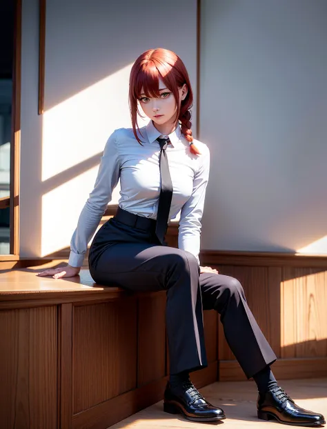 <lora:makimaChainsawMan_offset:1.3>, detailed shiny skin, (realistic, photo-realistic:1.4), a pretty girl, standing, looking out of window, white shirt, collared shirt, black necktie, black trousers, long sleeves, slight smile (nose blush), yellow eyes + ringed eyes, short hair + red hair + long braided hair, makima \(chainsaw man\) <lora:koreanDollLikeness_v10:0.2>, white shirt, collared shirt, black necktie, black pants,bored ,corneo_makima