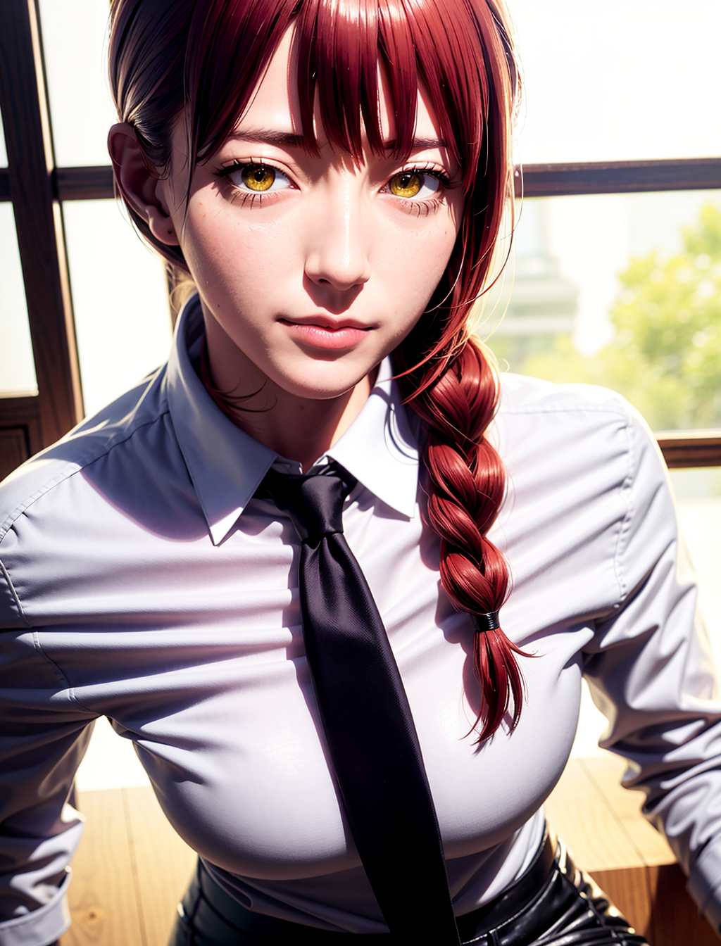 There is a woman with red hair and a tie posing for a picture - SeaArt AI