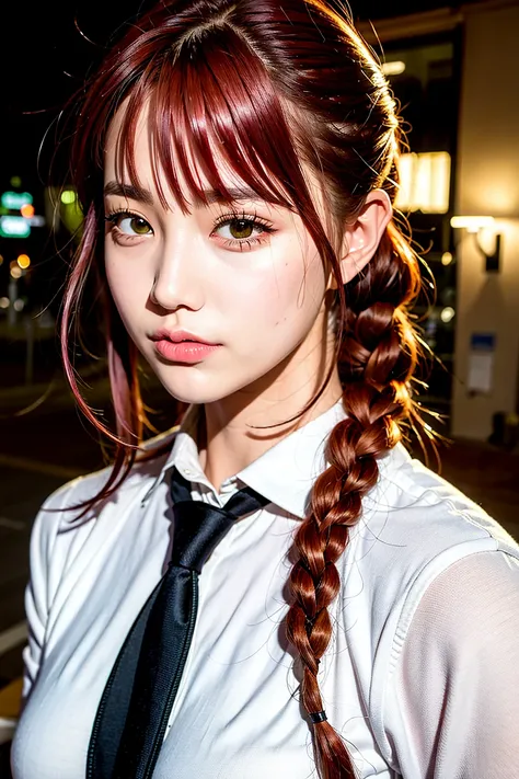 makima \(chainsaw man\), (Kpop idol), (masterpiece), (best quality:1.0), (ultra highres:1.0), (photorealistic:1.4), 1girl,  ((puffy eyes)), (red hair:1.5)+(long braided hair)+(bangs), (golden eyes), standing, extremely detailed face, extremely detailed eyes, medium breasts, (school uniform), solo focus, ((upper body)), looking at viewer, detailed beautiful skin,  perfect lighting, night,  (street), (ulzzang-6500:0.7)