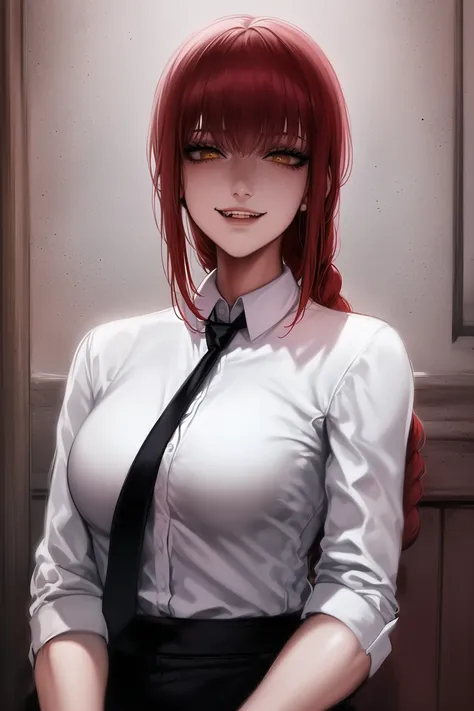 Woman, MaarcoCib, makima \(chainsaw man\), best quality, ultra detailed, 1girl, solo, standing, red hair, long braided hair, golden eyes, bangs, medium breasts, white shirt, necktie, stare, smile, (evil:1.2), looking at viewer, (interview:1.3),  <lora:makimaChainsawMan_offset:1>