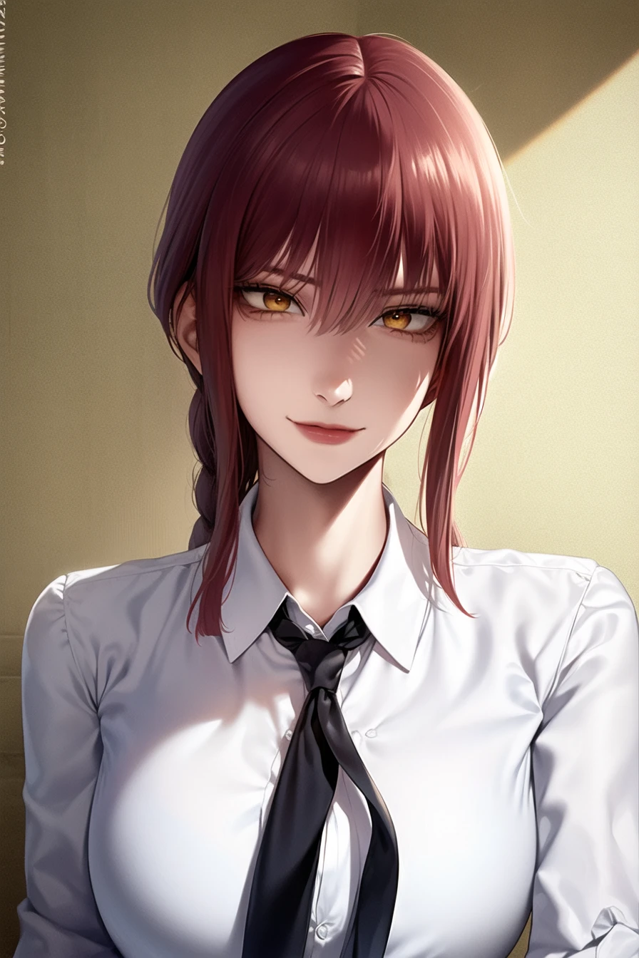Woman, MaarcoCib, makima \(chainsaw man\), best quality, ultra detailed, 1girl, solo, standing, red hair, long braided hair, golden eyes, bangs, medium breasts, white shirt, necktie, stare, (evil:1.2), looking at viewer, (interview:1.3), <lora:makimaChainsawMan_offset:1>, <lora:koreanDollLikeness_v15:1>