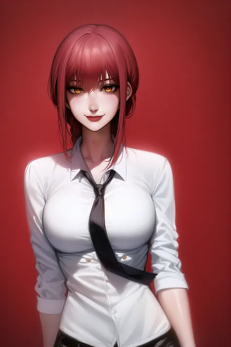 Woman, MaarcoCib, makima \(chainsaw man\), best quality, ultra detailed, 1girl, solo, standing, red hair, long braided hair, golden eyes, bangs, medium breasts, white shirt, necktie, stare, smile, (evil:1.2), looking at viewer, (interview:1.3),  <lora:makimaChainsawMan_offset:1>,  <lora:koreanDollLikeness_v15:1>