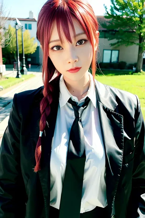 <lora:makimaChainsawMan_offset:1>,(8k, RAW photo, best quality, masterpiece:1.2), (realistic, photo-realistic:1.37),<lora:koreanDollLikeness_v10:0.5> ,1girl,(Kpop idol), aegyo sal,origen,cute, photon mapping, radiosity, physically-based rendering, serious face, makima \(chainsaw man\), raining , grave, (red hair)+(long braided hair)+(bangs),yellow eyes,(white_shirt)+(necktie), still pose, long sleeves, black jacket,