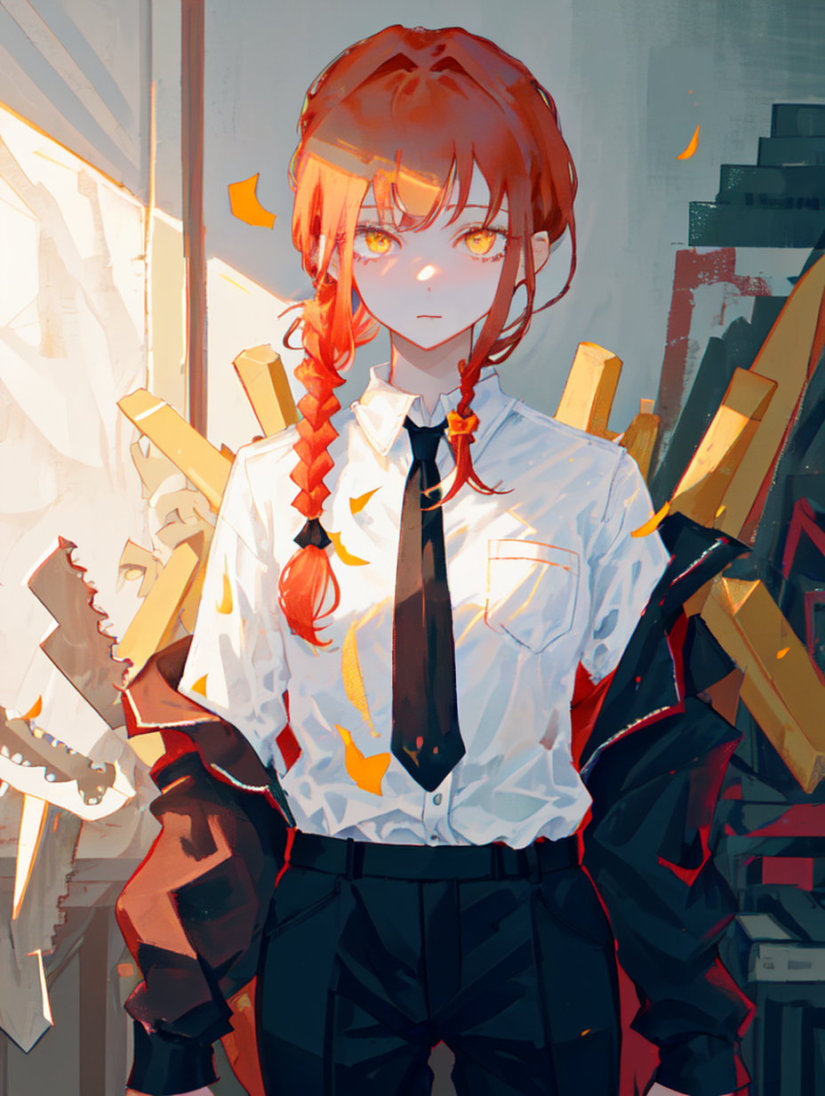 Anime girl with red hair and a tie standing in front of a pile of books ...