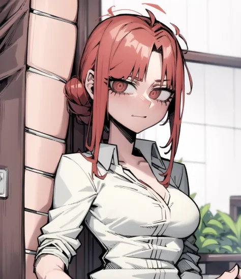 1girl, > <lora:makimaChainsawMan_offset:1> makima \(chainsaw man\), red hair, <lora:vanripperartStyle_vanripart05:1> white shirt
