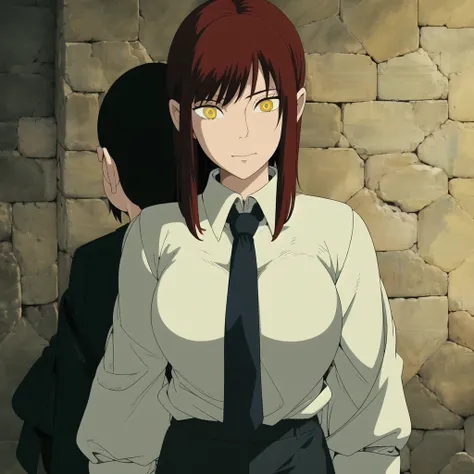 1girl, > <lora:makimaChainsawMan_offset:1> makima \(chainsaw man\), red hair, white shirt, golden eyes , black necktie,, yellow eyes, (ringed eyes), <lora:studioGhibliStyle_offset:1>