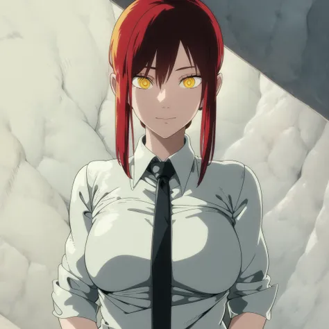 1girl, > <lora:makimaChainsawMan_offset:1> makima \(chainsaw man\), red hair, white shirt, golden eyes , black necktie,, yellow eyes, (ringed eyes), <lora:studioGhibliStyle_offset:1>