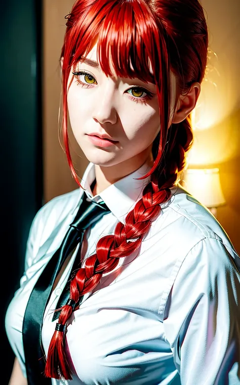 masterpiece, (photorealistic:1.4), best quality, beautiful lighting, (ulzzang-6500:0.4), makima \(chainsaw man\), (red hair)+(one long braid)+(quiff), yellow eyes, golden eyes, (ringed eyes), (white shirt), (necktie), RAW photo, 8k uhd, film grain  <lora:makimaChainsawMan_offset:1.4>