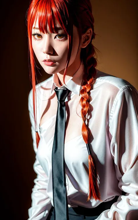 masterpiece, (photorealistic:1.4), best quality, beautiful lighting, (ulzzang-6500:0.4), makima \(chainsaw man\), (red hair)+(long braided hair)+(bangs), yellow eyes, golden eyes, (ringed eyes), (white shirt), (necktie), RAW photo, 8k uhd, film grain <lora:makimaChainsawMan_offset:1>