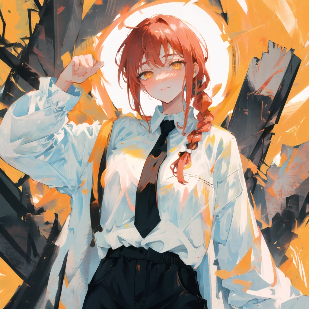 best quality, 1girl, white wet shirt, collared shirt, black necktie, huge boobs, black trousers, ahegao, nose blush, looking at viewer, corneo_makima, makima \(chainsaw man\), slight smile, bored, nose blush, ringed eyes, red hair, braided ponytail, color connection, colorized, colorful, spot color, halftone background, ((fiery background)), trending on artstation, artstationHD, artstationHQ, patreon, 4k, 8k, commissioned