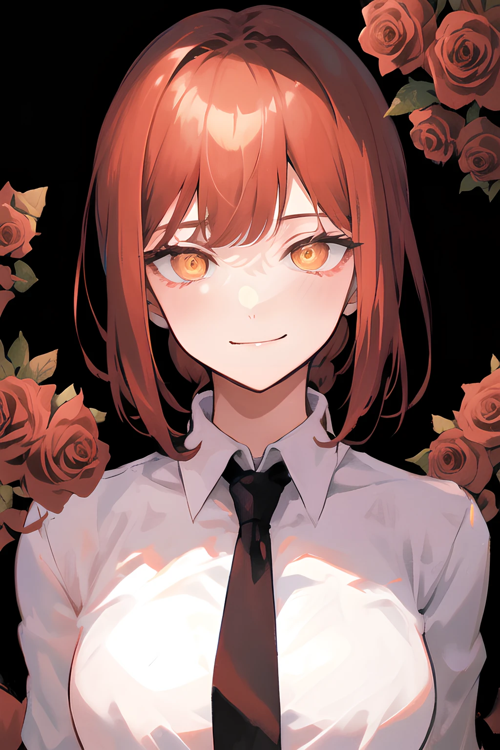 Using my own mix for base pic:
(masterpiece: 1.3), {best quality}, {highres}, {best shadow}, {{best illustration}}, makima \(chainsaw man\), best quality, ultra detailed, 1girl, solo, standing, red hair, long braided hair, golden eyes, bangs, medium breasts, white shirt, necktie, stare, smile, (evil:1.2), looking at viewer, (dark background, roses: 1.3), <lora:makimaChainsawMan_offset:1>
img2img using pastel-mix:
mksks style, (masterpiece: 1.3), {best quality}, {highres}, {best shadow}, {{best illustration}}, (evil: 1.3), {{stare}}, (golden eyes: 1.3), roses, {closed mouth}, smile, red hair, makima \(chainsaw man\), <lora:makimaChainsawMan_offset:1>