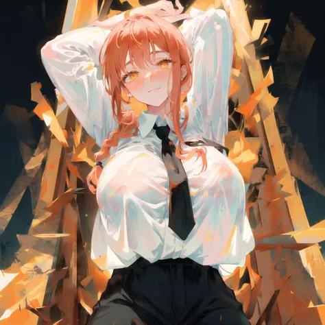 best quality, 1girl, white wet shirt, collared shirt, black necktie, huge boobs, black trousers, ahegao, nose blush, looking at viewer, corneo_makima, makima \(chainsaw man\), (gigantic breasts:1.4) ,slight smile, bored, nose blush, ringed eyes, red hair, braided ponytail,  color connection, colorized, colorful, spot color, simple background, ((lace background)), NSFW trending on artstation