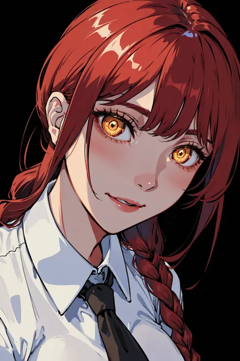 masterpiece, best quality, portrait, 1girl,<lora:makimaChainsawMan_offset:0.8> makima \(chainsaw man\), solo, standing, red hair, long braided hair, (glowing golden eyes: 1.4), bangs, medium breasts, white shirt, necktie, stare, (disgusted,smile), (evil:1.2), looking at viewer, (interview:1.3), high resolution, (Face focus:1.4), (looking at viewer:1.15), (black background: 0.5), high angle, looking up