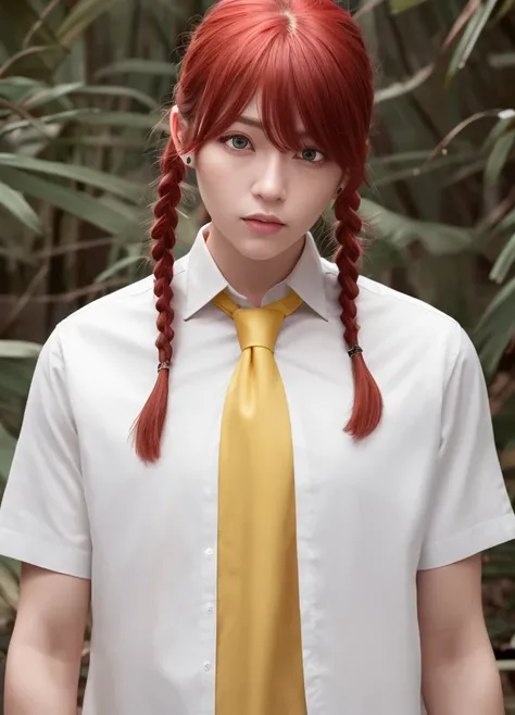 masterpiece, (photorealistic:1.4), best quality, beautiful lighting, (ulzzang-6500:0.4), makima \(chainsaw man\), (red hair)+(long braided hair)+(bangs), yellow eyes, golden eyes, (ringed eyes), (white shirt), (necktie), RAW photo, 8k uhd, film grain <lora:makima_offset:1>