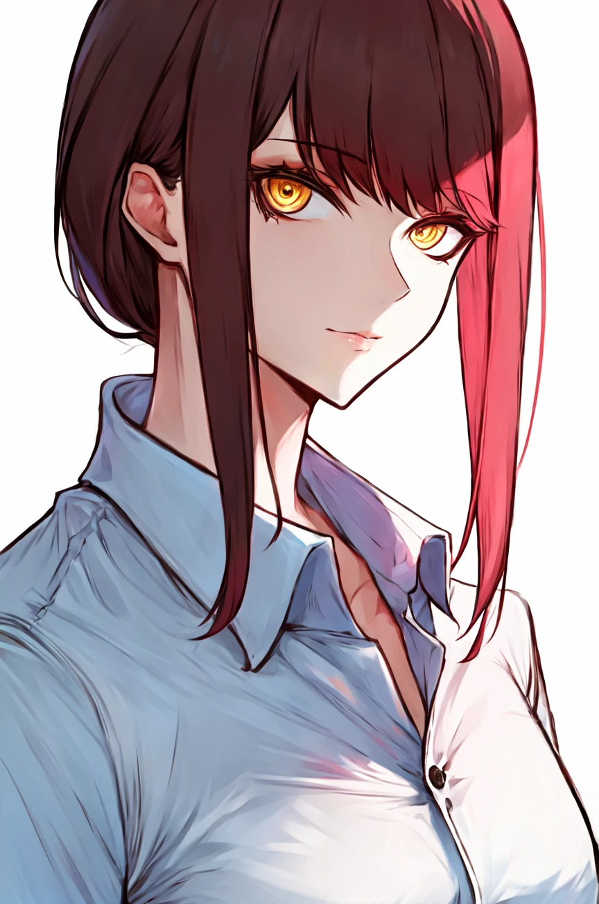 makima \(chainsaw man\), 1girl, absurdres, bangs, chainsaw man, collared shirt, highres, looking at viewer, medium hair, (ringed eyes), shirt, simple background, solo, white background, white shirt, yellow eyes,
<lora:makima_offset:1.2>