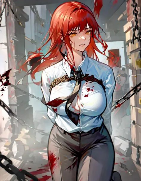 masterpiece, best quality, 1girl, beautiful, slim, long hair, red hair, beautiful woman, mature woman, royal queen, sitting, rope, shibari, bondage, suspension, spread legs, chains, hands bound behind her back by thick ropes, bound by many ropes, white shirt, long sleeves shirt, collared shirt, black necktie, bangs, huge breasts, breasts covered in shirt, arms bound behind her back, perfectly drawn feet, perfectly drawn toes, perfectly drawn hands, perfectly drawn fingers, both hands tied behind her back, both arms tied behind her back, perfectly drawn eyes, makima \(chainsaw man\), long sleeves shirt, long braided hair, golden eyes, glowing eyes, crying expression, crying, tear, high definition, thick chains, many chains, old warehouse, broken, dirty, night, dark, helpless, feeling hopeless, (blood in her nose), (blood on her face), ((blood on her lips, blood in her nose, blood on face)), ((blood in mouth)), (open mouth), (left eye closed), ((non-nude)), office lady unifrom, (long black trousers), ((non-nsfw)), (full legs covered in long black trousers), (blood on shirt), looking at the camera, (revealing cleavage),