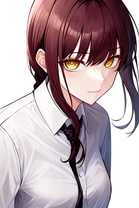 makima \(chainsaw man\), 1girl, absurdres, bangs, chainsaw man, collared shirt, highres, looking at viewer, medium hair, ringed eyes, shirt, simple background, solo, white background, white shirt, yellow eyes,

<lora:makima_offset:1.4>