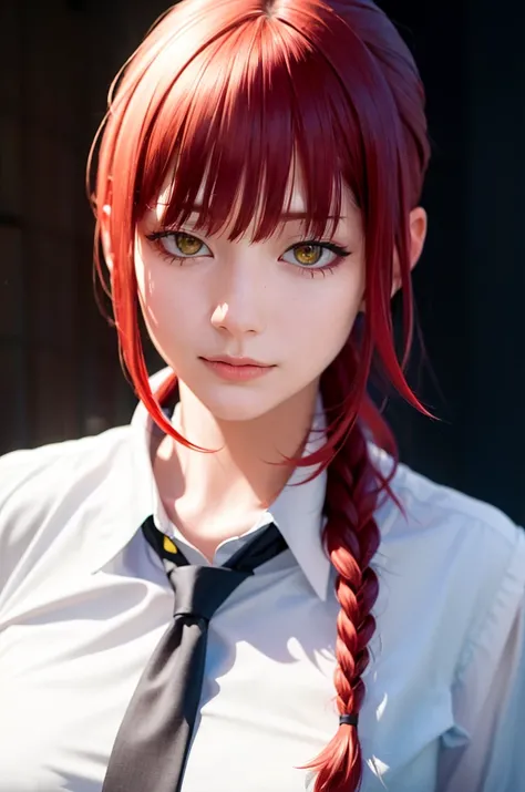 masterpiece, (photorealistic:1.4), best quality, beautiful lighting,
(ulzzang-6500:0.4), makima \(chainsaw man\), (red hair)+(long braided hair)+(bangs), yellow eyes, golden eyes, (ringed eyes), (white shirt), (necktie),
RAW photo, 8k uhd, film grain <lora:makima_offset:1>